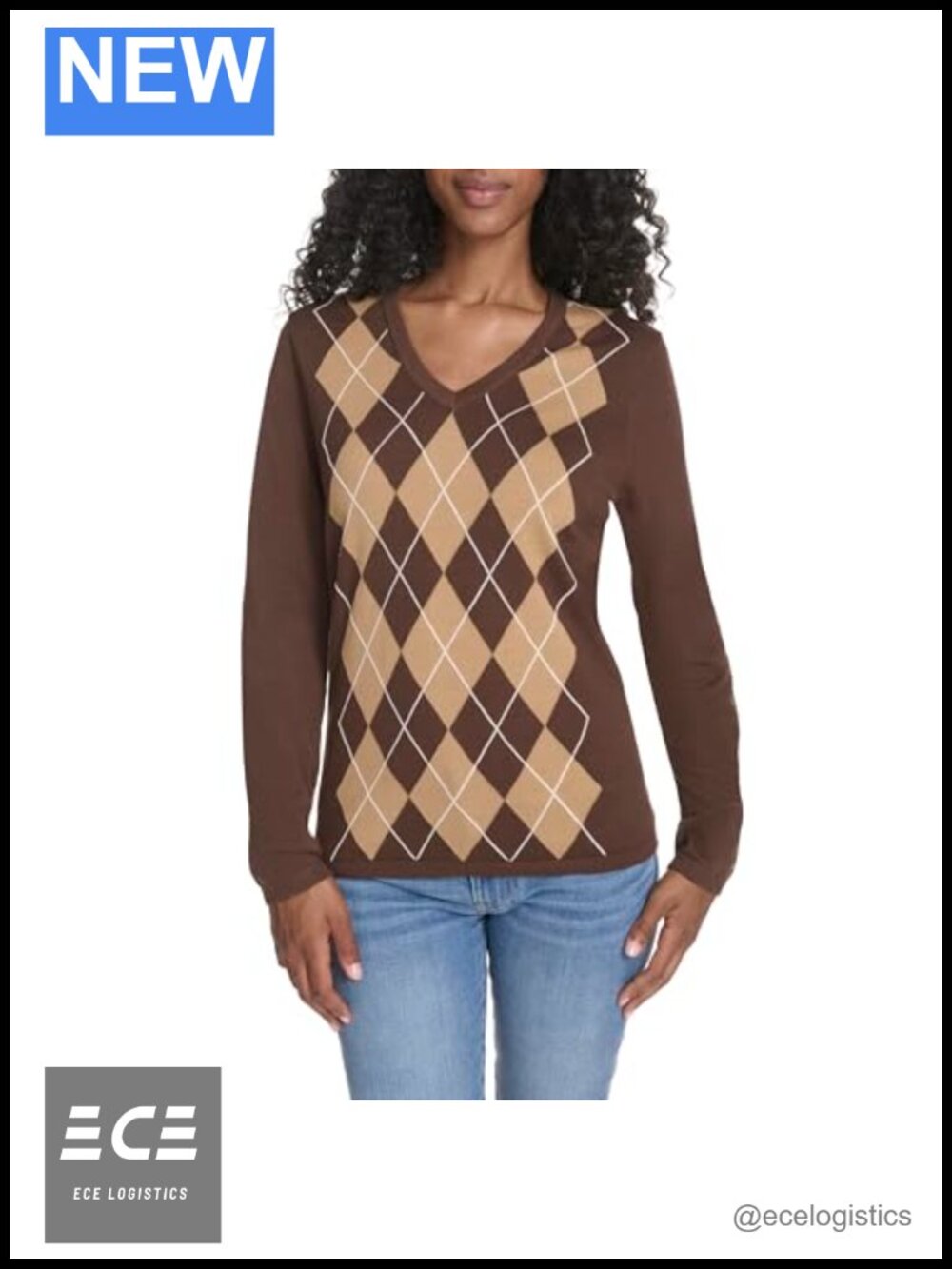Long Sleeve Cotton Argyle V-Neck Sweater Pullover